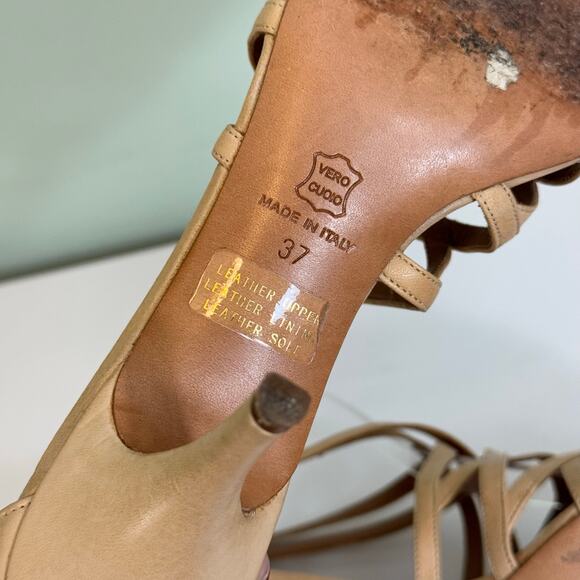 Co-op Barneys NY Stiletto Sandals 37 6.5 US Tan Leather Strappy Peep Toe ITALY - Picture 9 of 10